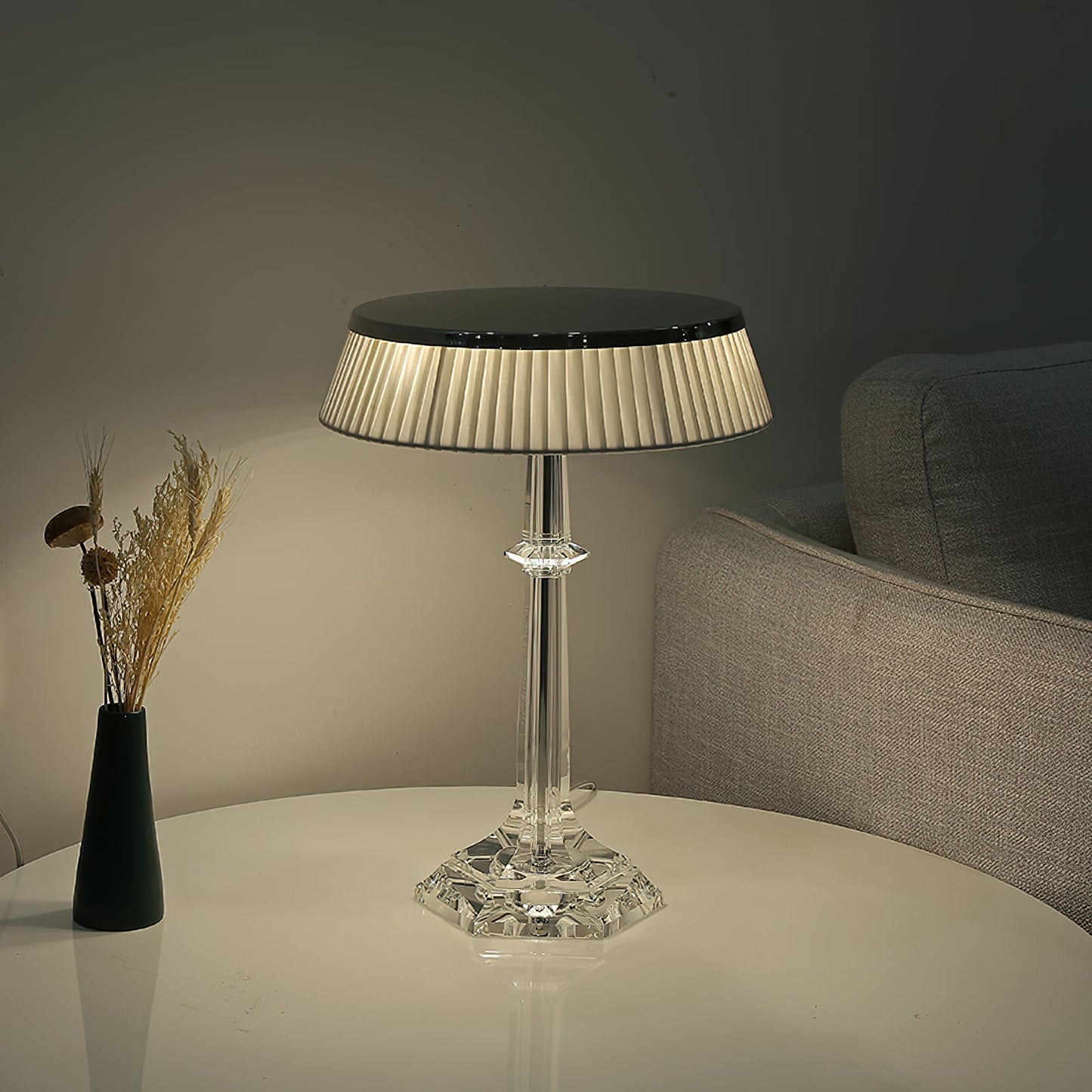 Versailles Table Lamp - K9 Crystal Body & Pleated Fabric Shade Light | Chrome Top LED Accent Desk Lamp