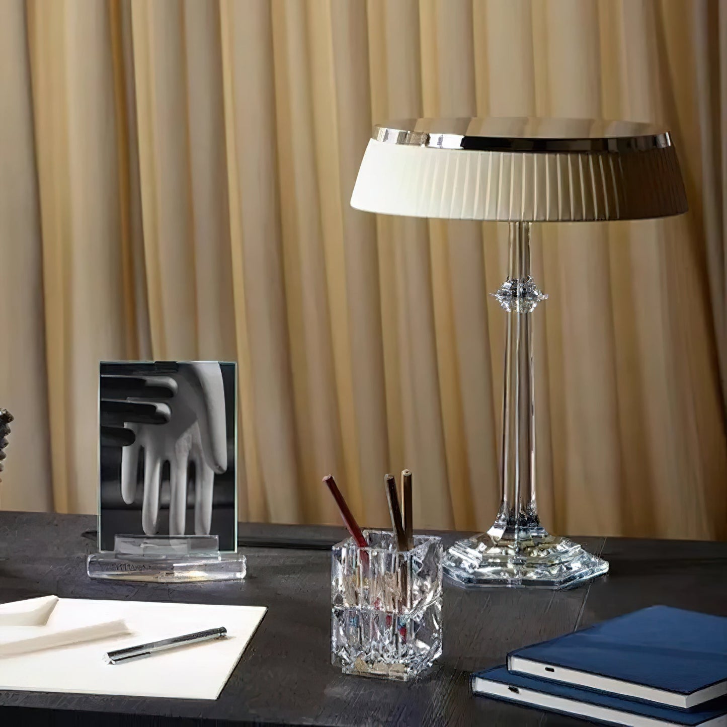 Versailles Table Lamp - K9 Crystal Body & Pleated Fabric Shade Light | Chrome Top LED Accent Desk Lamp