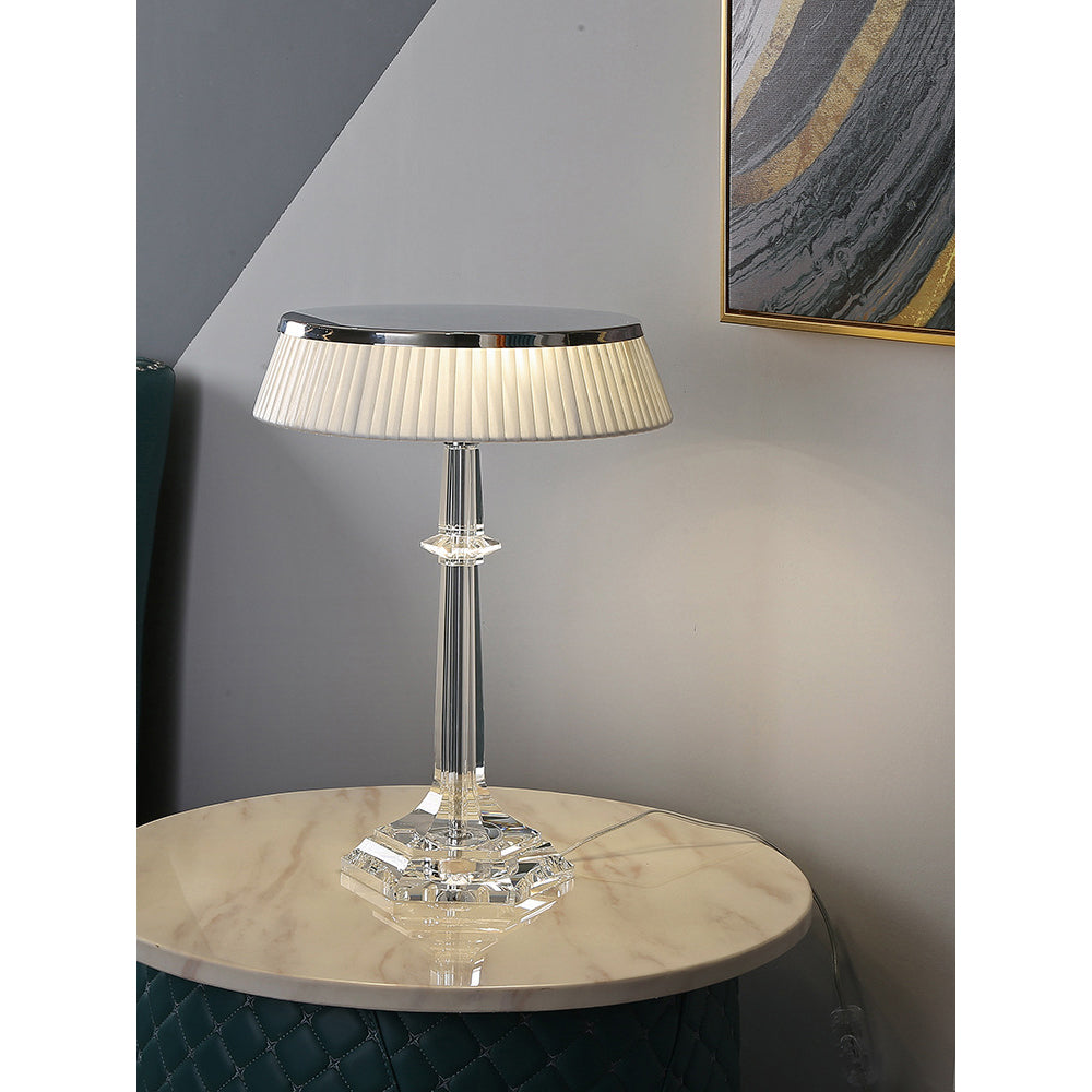 Versailles Table Lamp - K9 Crystal Body & Pleated Fabric Shade Light | Chrome Top LED Accent Desk Lamp