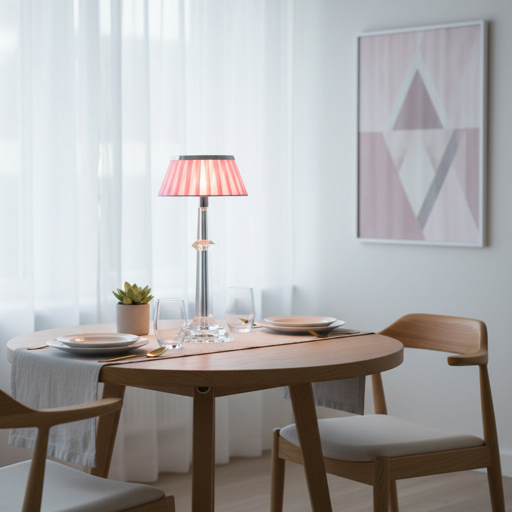 Versailles Table Lamp - K9 Crystal Body & Pleated Fabric Shade Light | Chrome Top LED Accent Desk Lamp