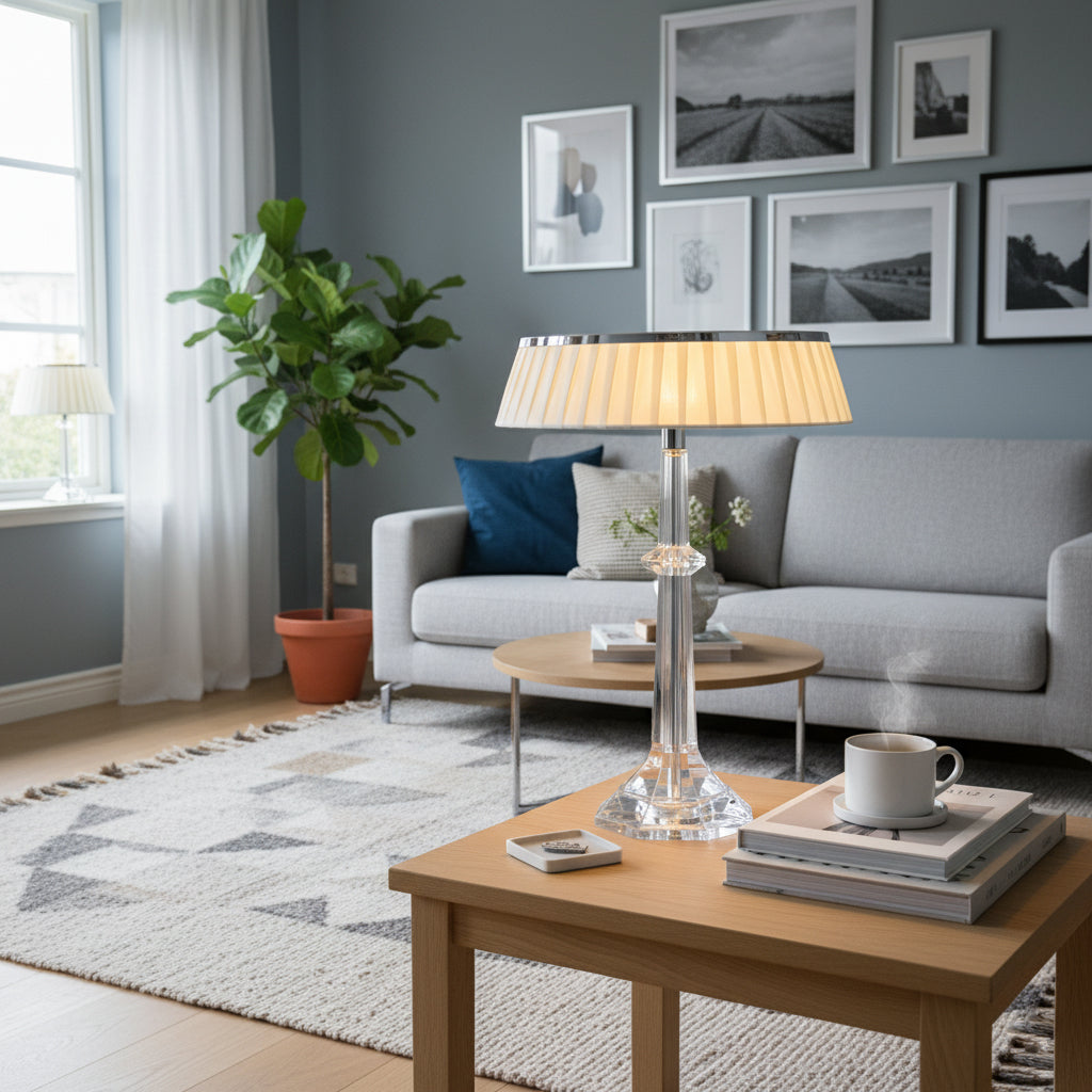 Versailles Table Lamp - K9 Crystal Body & Pleated Fabric Shade Light | Chrome Top LED Accent Desk Lamp