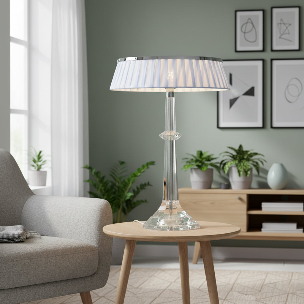 Versailles Table Lamp - K9 Crystal Body & Pleated Fabric Shade Light | Chrome Top LED Accent Desk Lamp