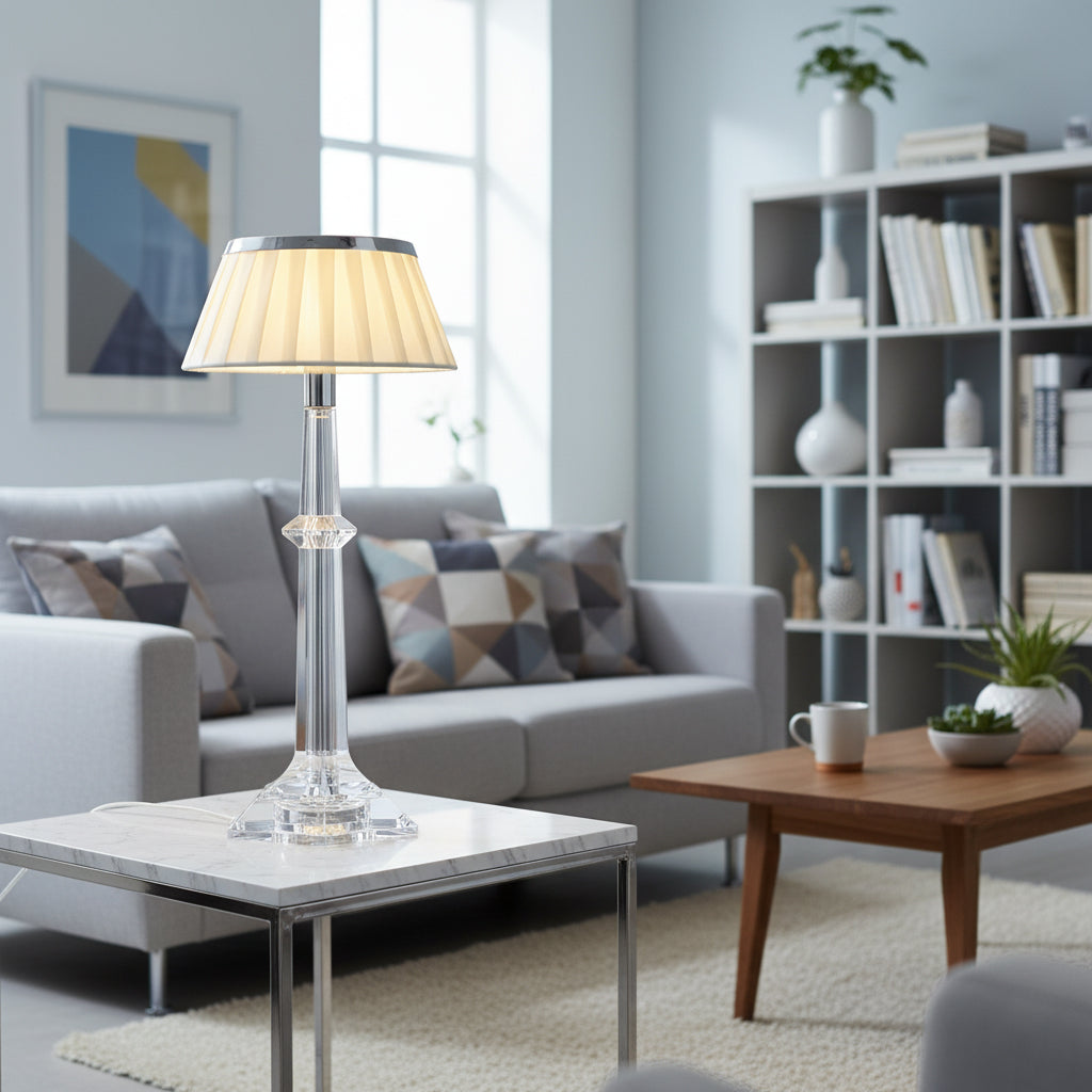 Versailles Table Lamp - K9 Crystal Body & Pleated Fabric Shade Light | Chrome Top LED Accent Desk Lamp