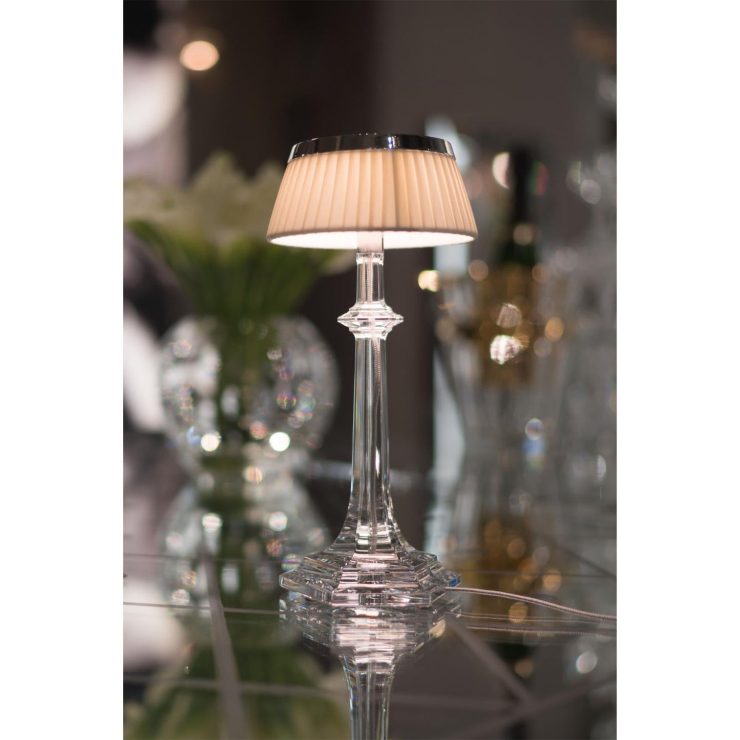 Versailles Table Lamp - K9 Crystal Body & Pleated Fabric Shade Light | Chrome Top LED Accent Desk Lamp
