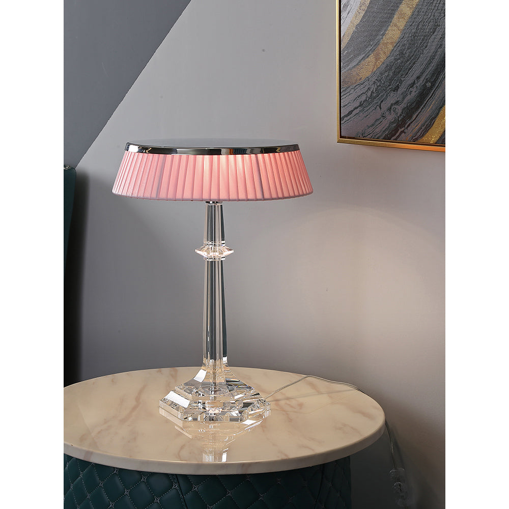 Versailles Table Lamp - K9 Crystal Body & Pleated Fabric Shade Light | Chrome Top LED Accent Desk Lamp