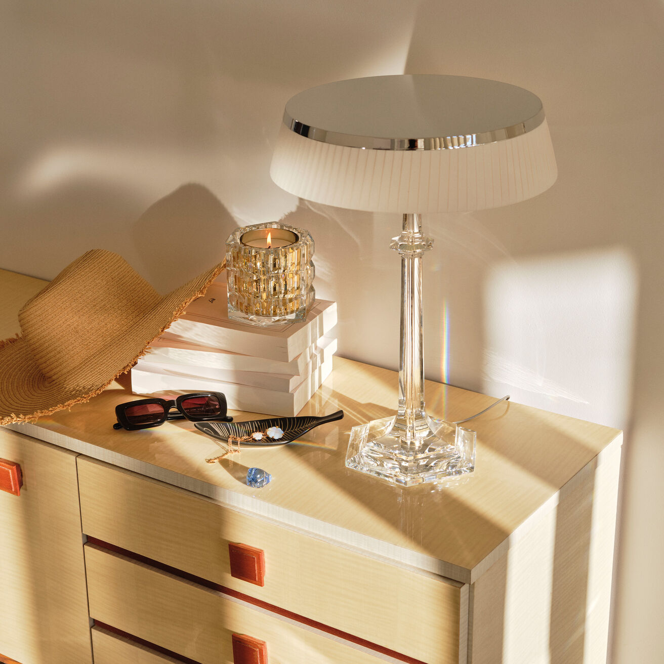 Versailles Table Lamp - K9 Crystal Body & Pleated Fabric Shade Light | Chrome Top LED Accent Desk Lamp
