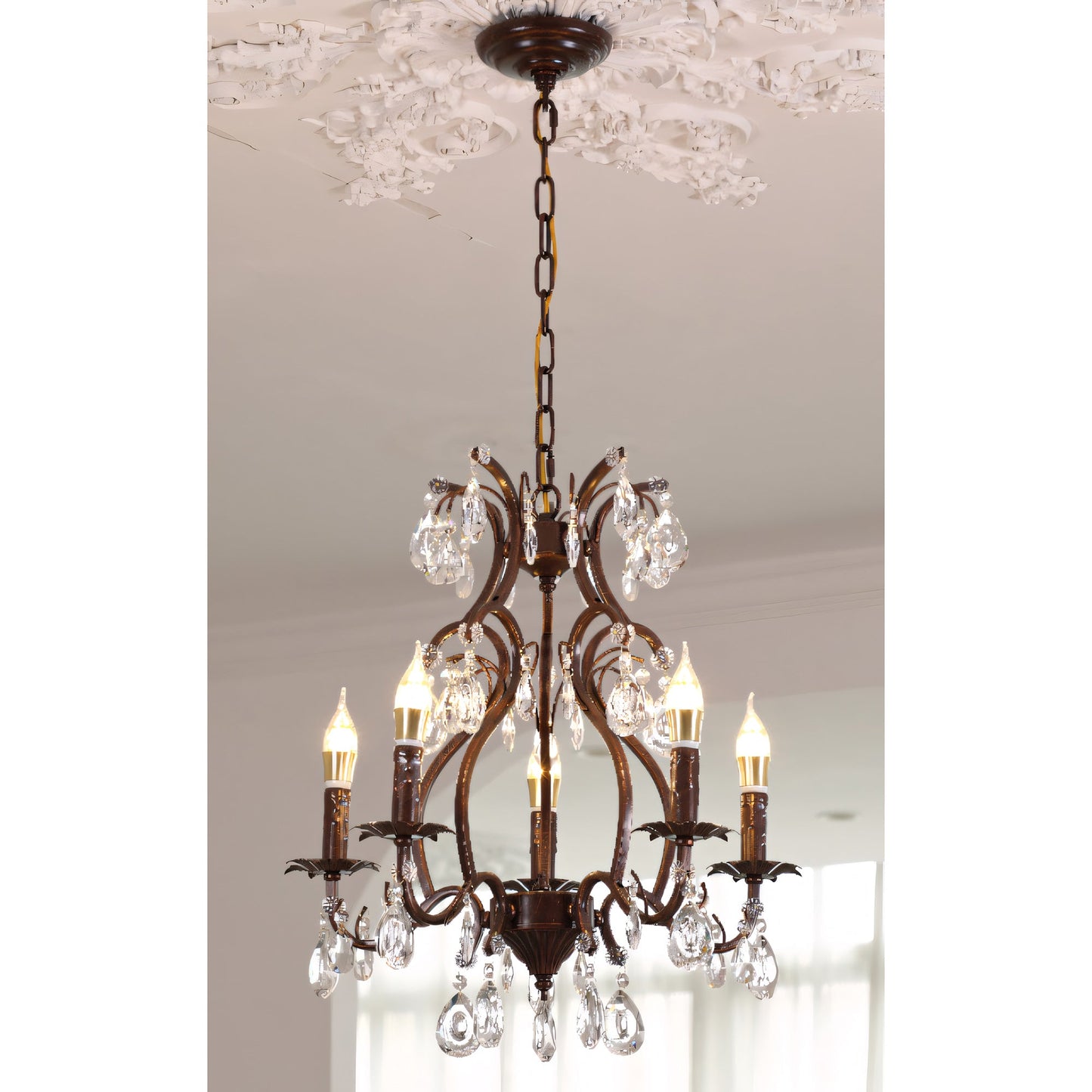 Vesper Crystal Chandelier - Antique Red Bronze European Estate Pendant Light | 5-Light High-Clarity Crystal Sconce