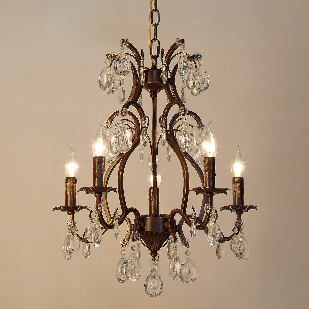 Vesper Crystal Chandelier - Antique Red Bronze European Estate Pendant Light | 5-Light High-Clarity Crystal Sconce
