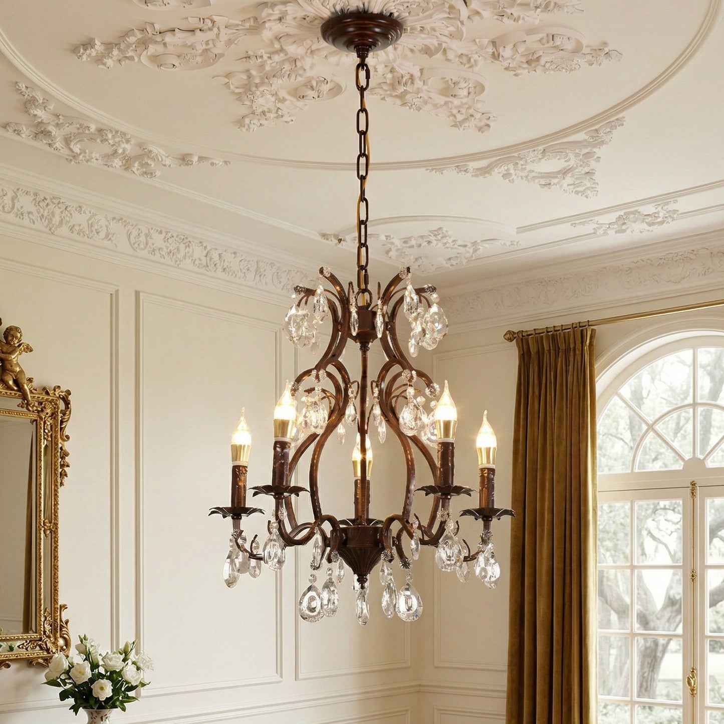 Vesper Crystal Chandelier - Antique Red Bronze European Estate Pendant Light | 5-Light High-Clarity Crystal Sconce