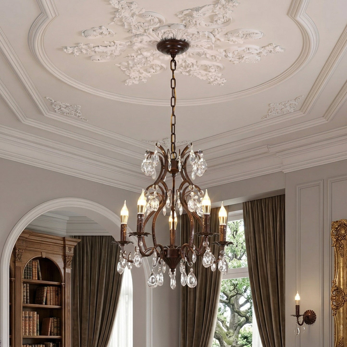 Vesper Crystal Chandelier - Antique Red Bronze European Estate Pendant Light | 5-Light High-Clarity Crystal Sconce