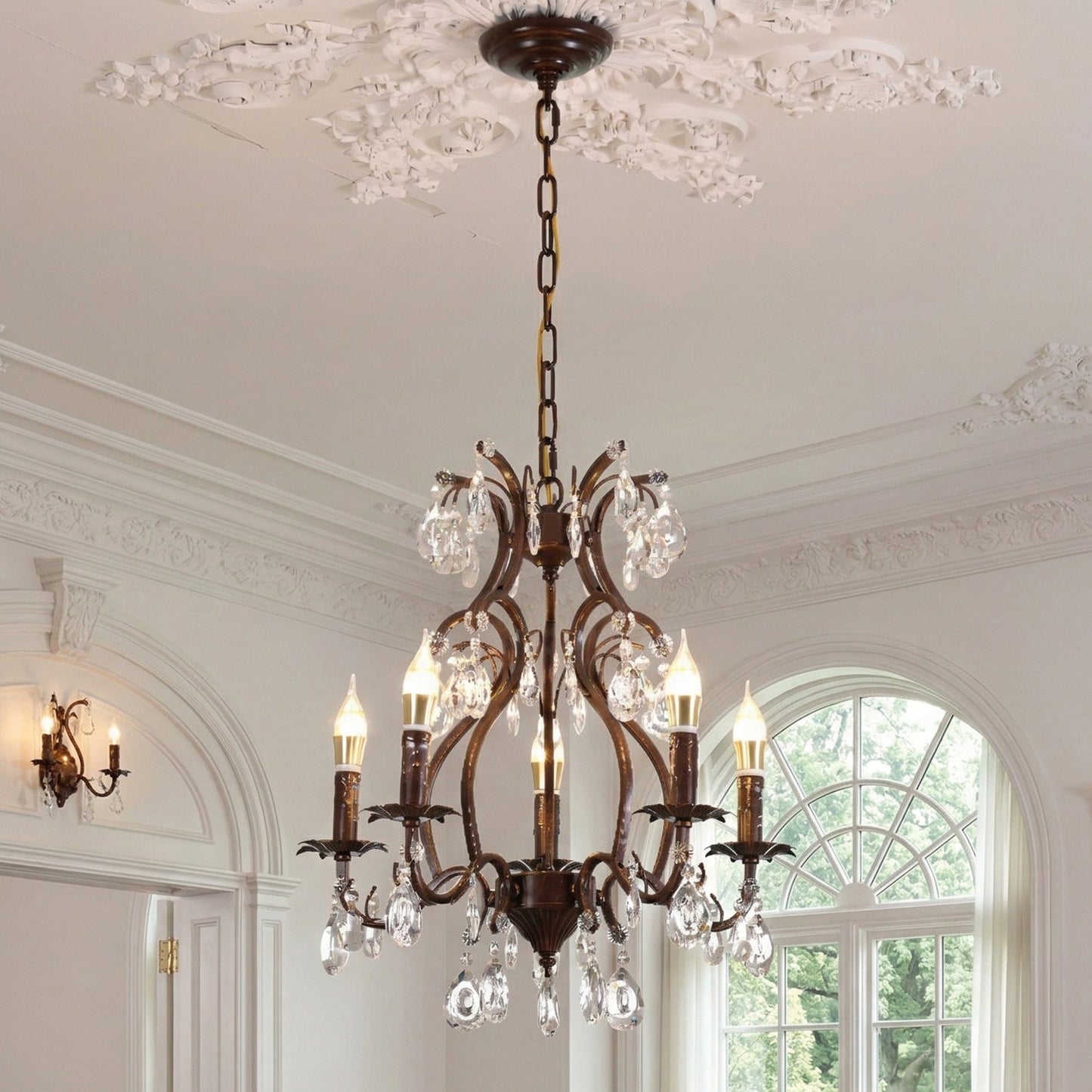 Vesper Crystal Chandelier - Antique Red Bronze European Estate Pendant Light | 5-Light High-Clarity Crystal Sconce