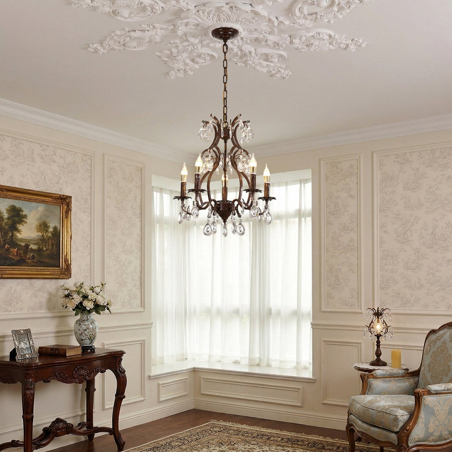 Vesper Crystal Chandelier - Antique Red Bronze European Estate Pendant Light | 5-Light High-Clarity Crystal Sconce
