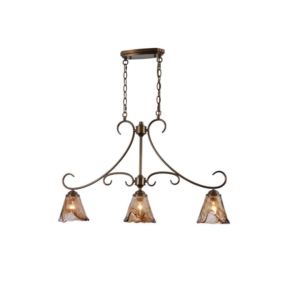Vetraio Island Pendant Lamp - European Brass & Amber Glass Linear Light | 3-Head Kitchen Island Sconce