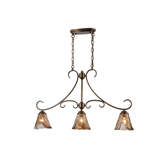 Vetraio Island Pendant Lamp - European Brass & Amber Glass Linear Light | 3-Head Kitchen Island Sconce