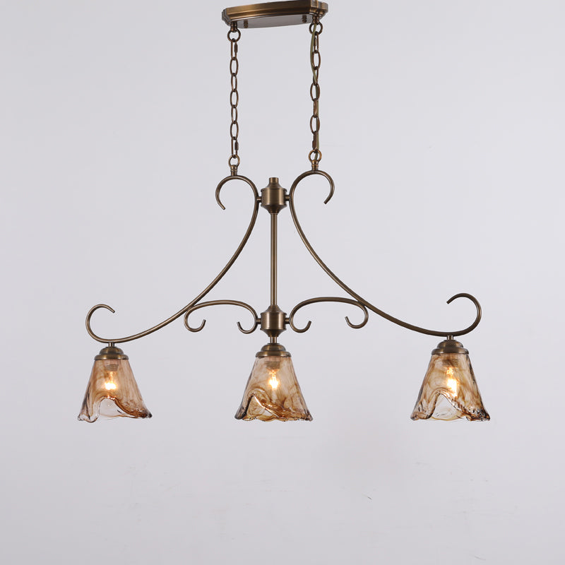 Vetraio Island Pendant Lamp - European Brass & Amber Glass Linear Light | 3-Head Kitchen Island Sconce