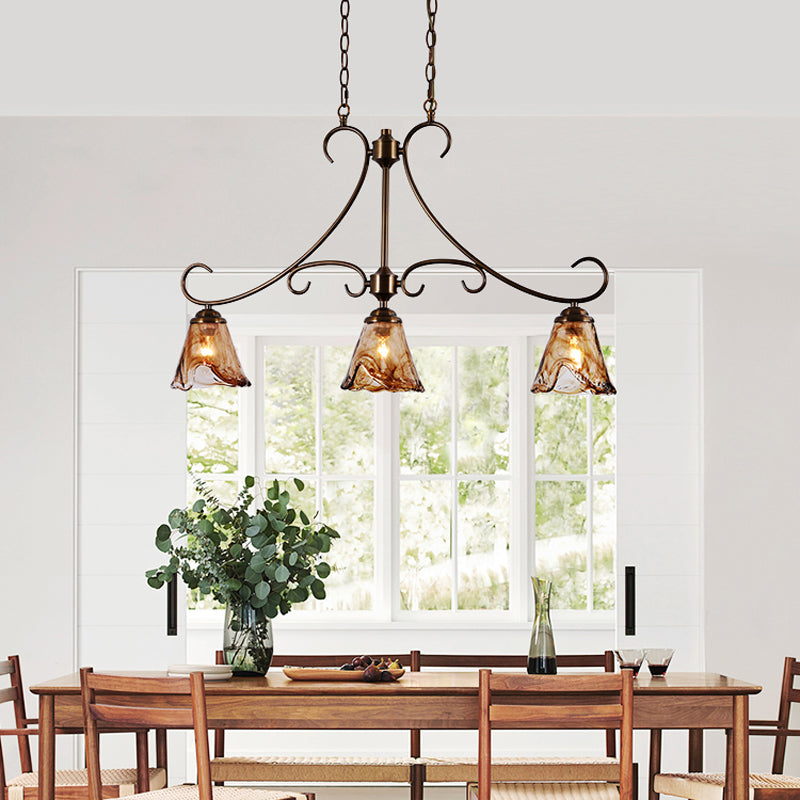 Vetraio Island Pendant Lamp - European Brass & Amber Glass Linear Light | 3-Head Kitchen Island Sconce