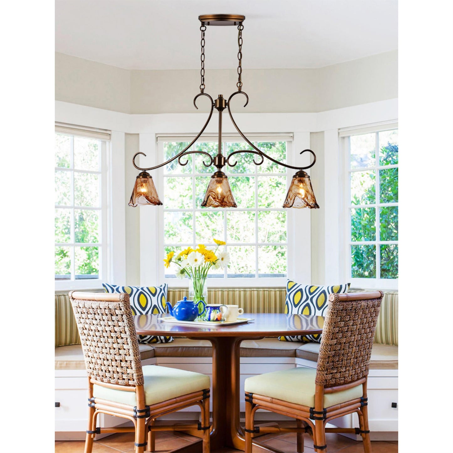Vetraio Island Pendant Lamp - European Brass & Amber Glass Linear Light | 3-Head Kitchen Island Sconce