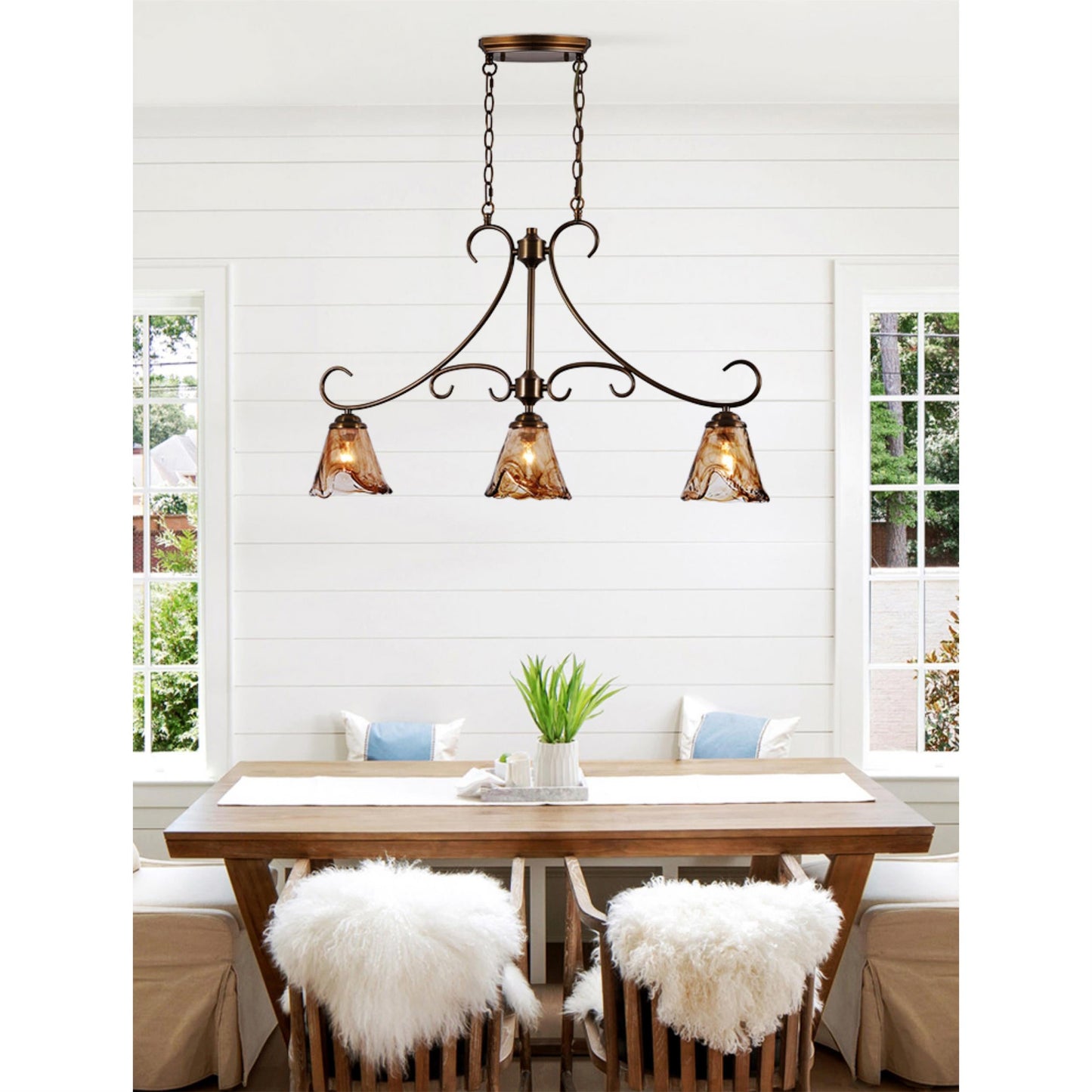 Vetraio Island Pendant Lamp - European Brass & Amber Glass Linear Light | 3-Head Kitchen Island Sconce