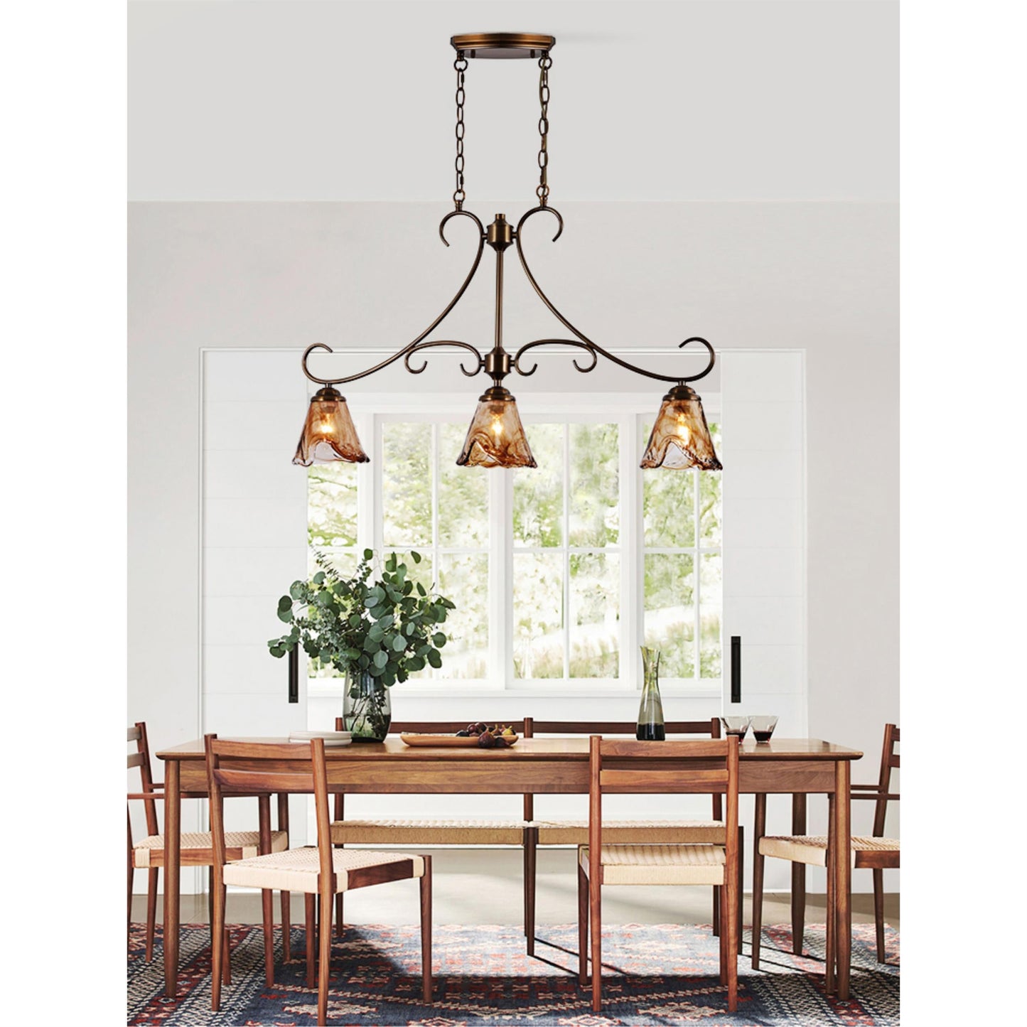 Vetraio Island Pendant Lamp - European Brass & Amber Glass Linear Light | 3-Head Kitchen Island Sconce