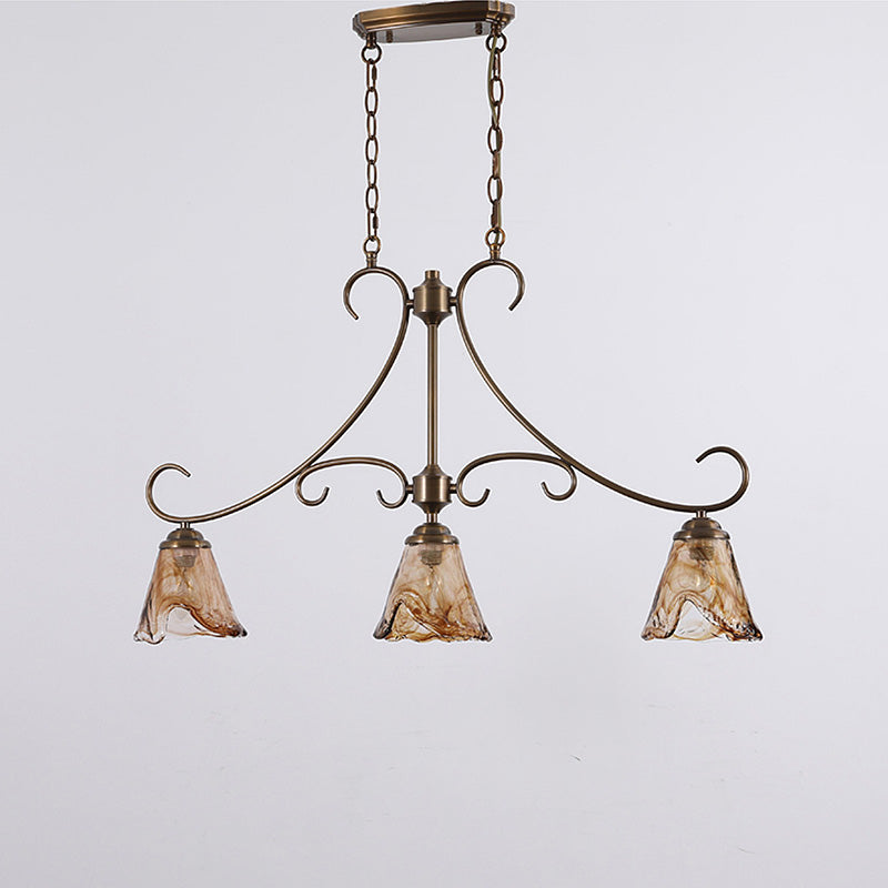 Vetraio Island Pendant Lamp - European Brass & Amber Glass Linear Light | 3-Head Kitchen Island Sconce