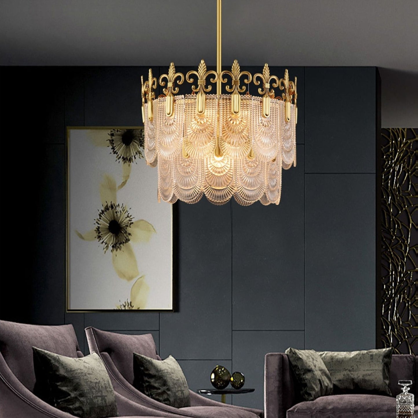 Vienna Chandelier - Hand-Formed Clear Glass Petal Brass Pendant Light | Opulent Tiered Round Chandelier