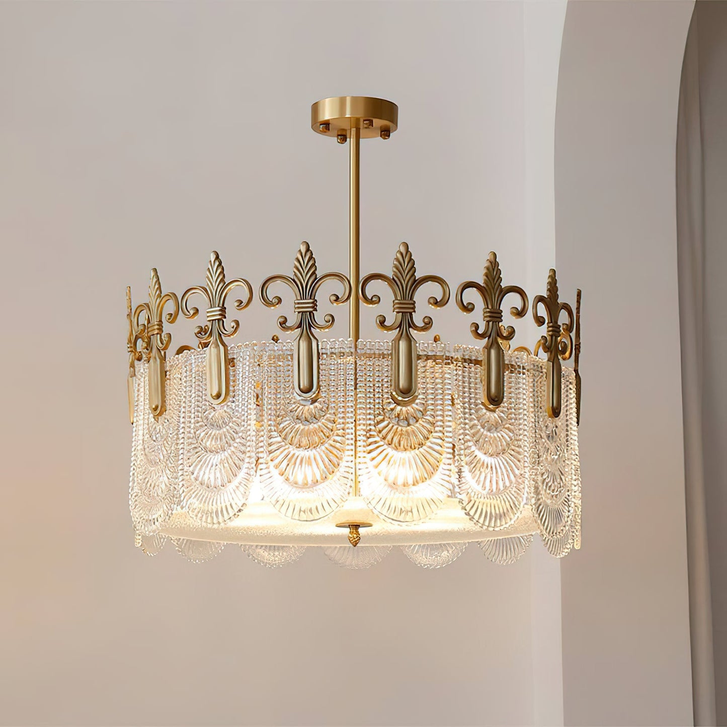 Vienna Chandelier - Hand-Formed Clear Glass Petal Brass Pendant Light | Opulent Tiered Round Chandelier