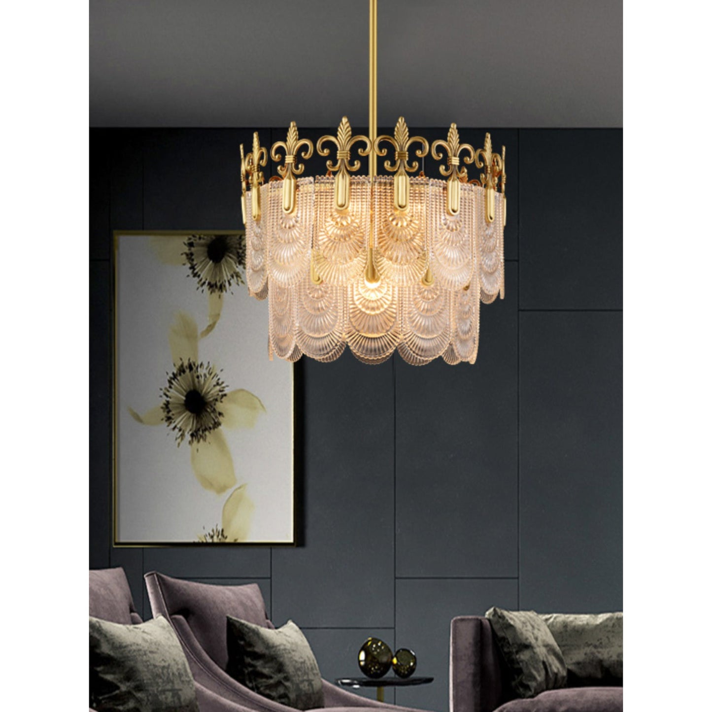 Vienna Chandelier - Hand-Formed Clear Glass Petal Brass Pendant Light | Opulent Tiered Round Chandelier