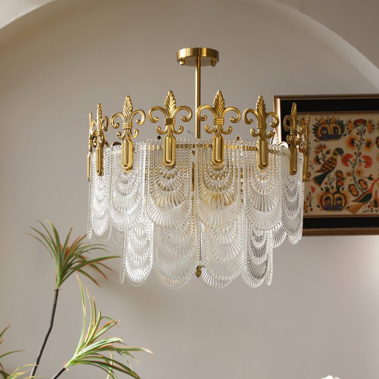 Vienna Chandelier - Hand-Formed Clear Glass Petal Brass Pendant Light | Opulent Tiered Round Chandelier