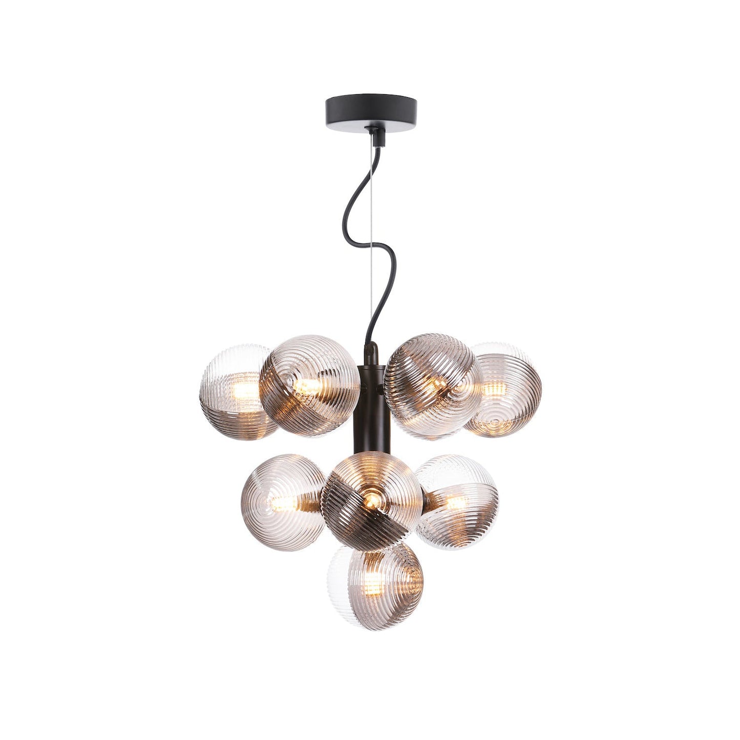 Vine 10-Light Chandelier - Smoked & Clear Asymmetric Ribbed Glass Pendant | Modernist Black Cable Multi-Bulb Light