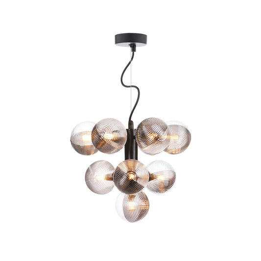 Vine 10-Light Chandelier - Smoked & Clear Asymmetric Ribbed Glass Pendant | Modernist Black Cable Multi-Bulb Light
