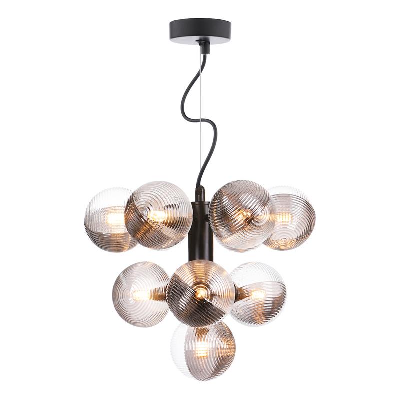 Vine 10-Light Chandelier - Smoked & Clear Asymmetric Ribbed Glass Pendant | Modernist Black Cable Multi-Bulb Light