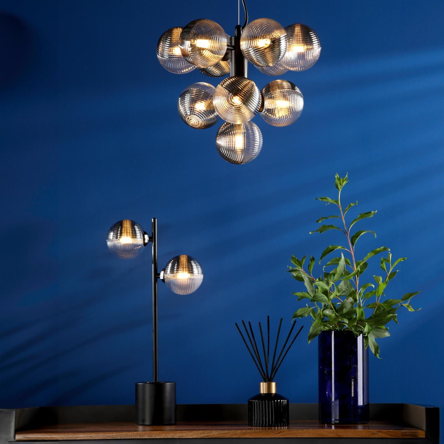 Vine 10-Light Chandelier - Smoked & Clear Asymmetric Ribbed Glass Pendant | Modernist Black Cable Multi-Bulb Light
