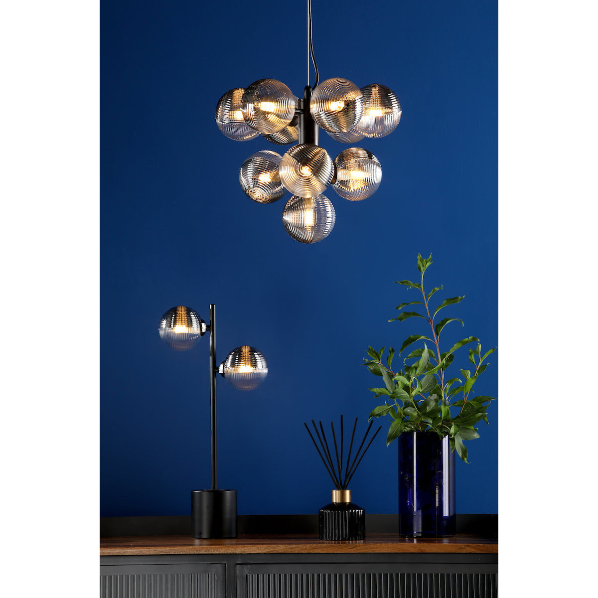 Vine 10-Light Chandelier - Smoked & Clear Asymmetric Ribbed Glass Pendant | Modernist Black Cable Multi-Bulb Light