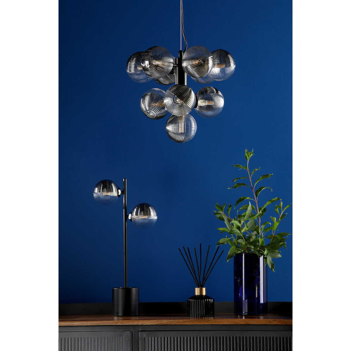 Vine 10-Light Chandelier - Smoked & Clear Asymmetric Ribbed Glass Pendant | Modernist Black Cable Multi-Bulb Light