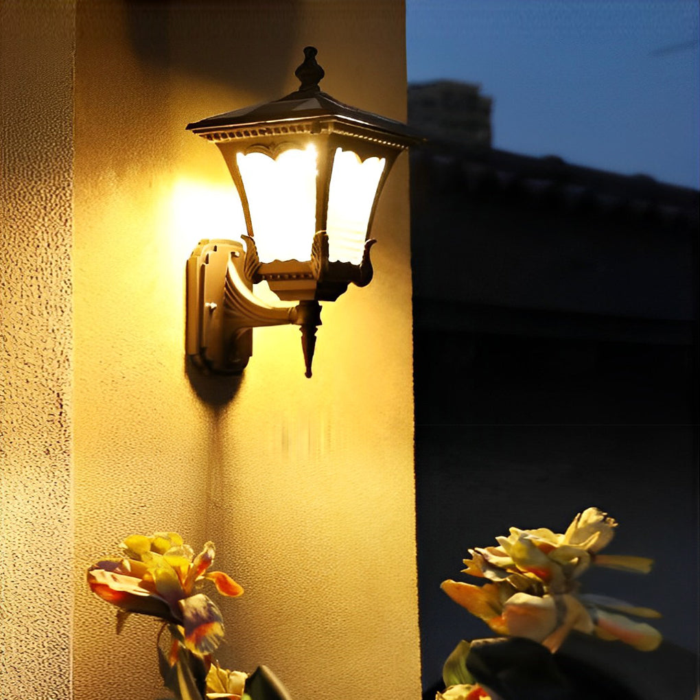Vintage Striped Glass Solar Outdoor Wall Sconce – Black Aluminum IP65 Waterproof Light