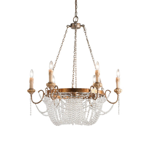 Viola Chandelier - Antique Gold French Country Crystal Bead Pendant Light | Carved Wood & Iron Basket Sconce
