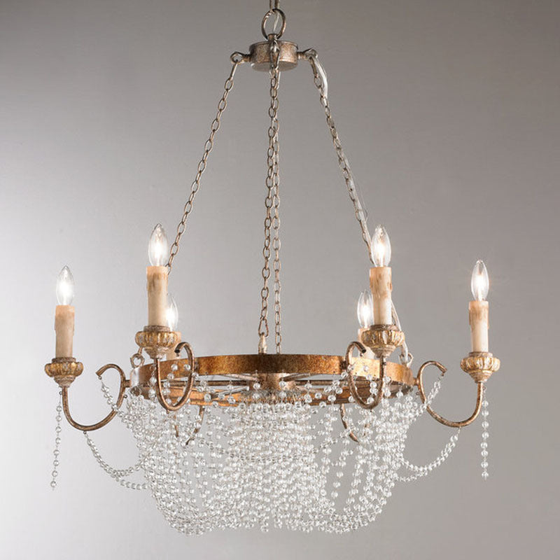 Viola Chandelier - Antique Gold French Country Crystal Bead Pendant Light | Carved Wood & Iron Basket Sconce