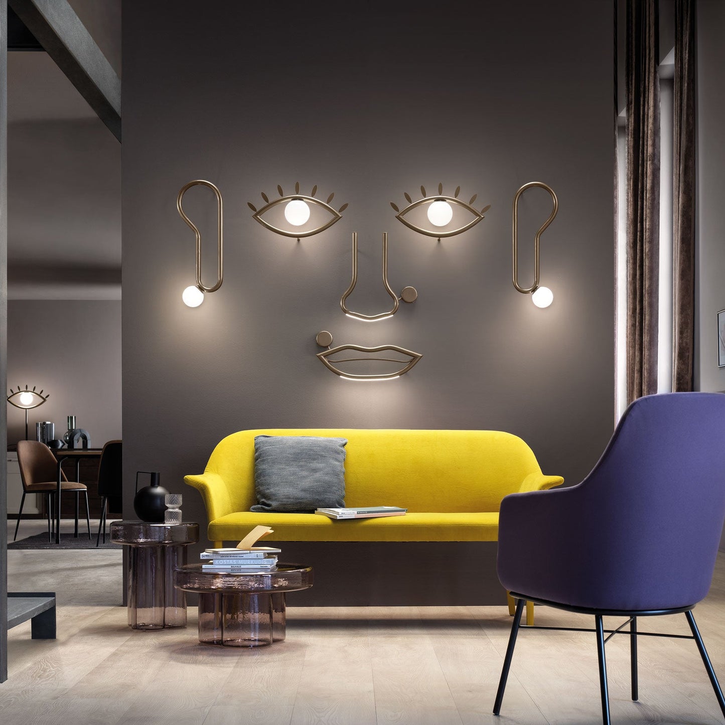 Visio Wall Lamp - Avant-Garde Face Silhouette Brass & Glass Wall Sconce | Modular Surrealist LED Accent Light |