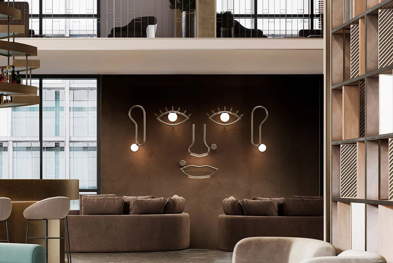 Visio Wall Lamp - Avant-Garde Face Silhouette Brass & Glass Wall Sconce | Modular Surrealist LED Accent Light |