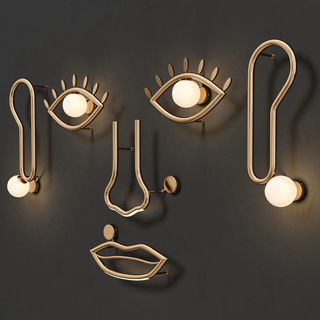 Visio Wall Lamp - Avant-Garde Face Silhouette Brass & Glass Wall Sconce | Modular Surrealist LED Accent Light |