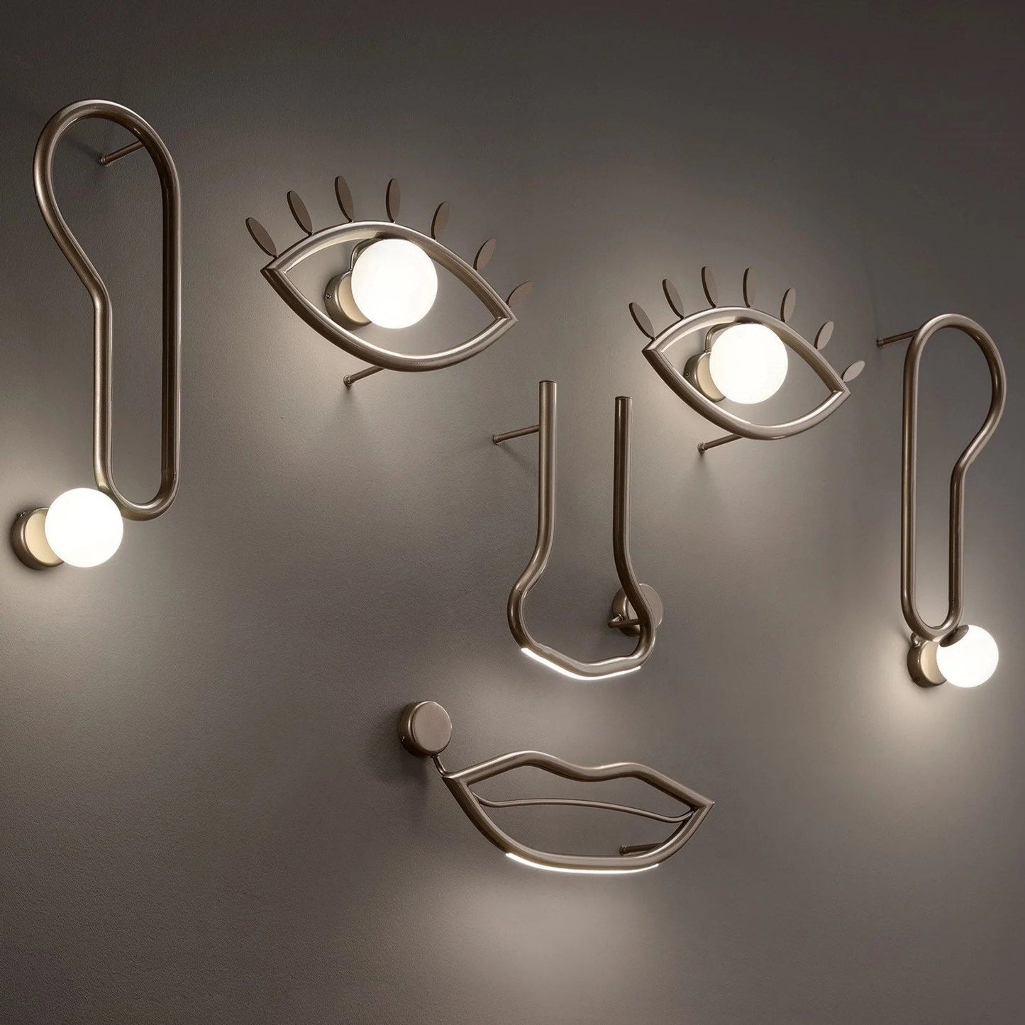 Visio Wall Lamp - Avant-Garde Face Silhouette Brass & Glass Wall Sconce | Modular Surrealist LED Accent Light |