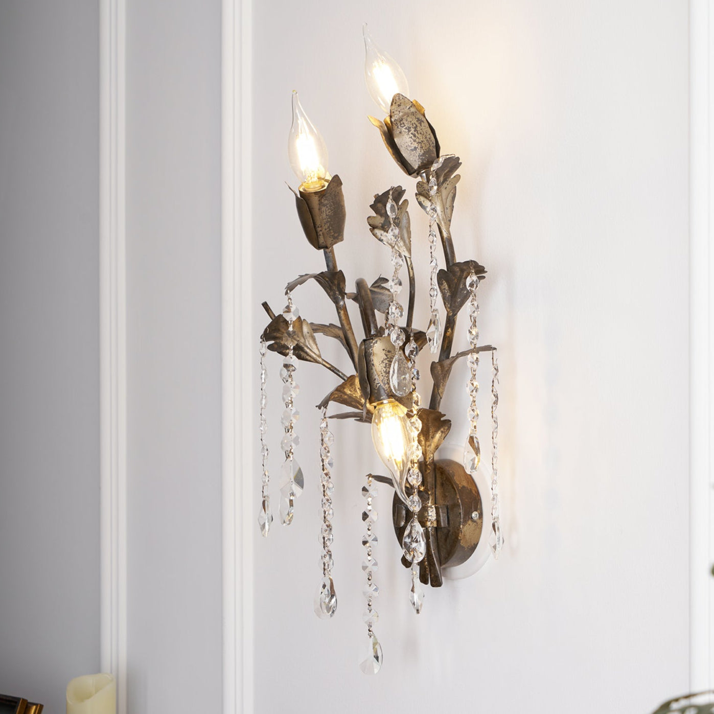 Viticcio Wall Lamp - Hand-Molded Floral Iron Wall Sconce | Silver Crystal Vine Accent Ligh