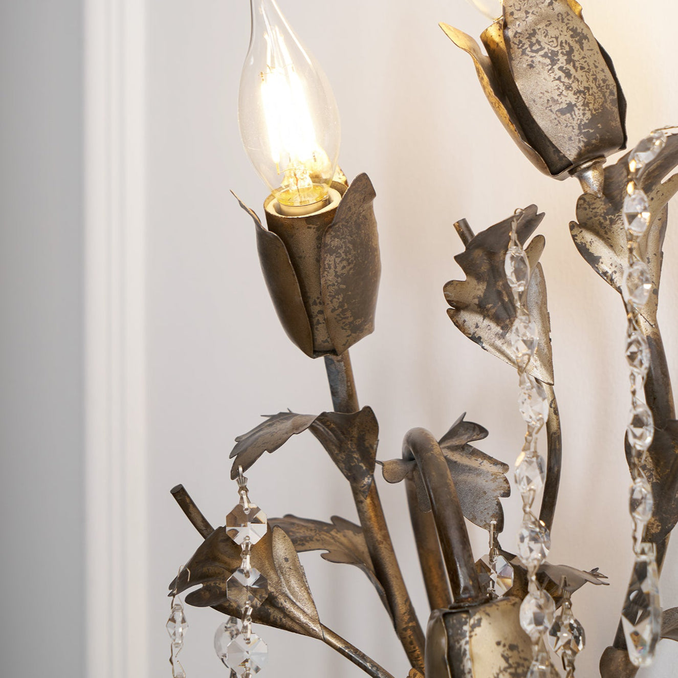 Viticcio Wall Lamp - Hand-Molded Floral Iron Wall Sconce | Silver Crystal Vine Accent Ligh