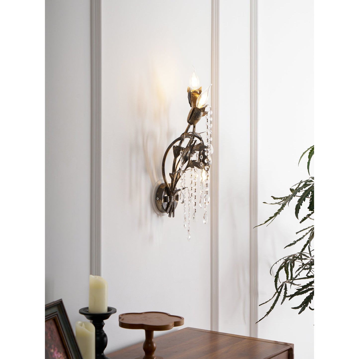 Viticcio Wall Lamp - Hand-Molded Floral Iron Wall Sconce | Silver Crystal Vine Accent Ligh