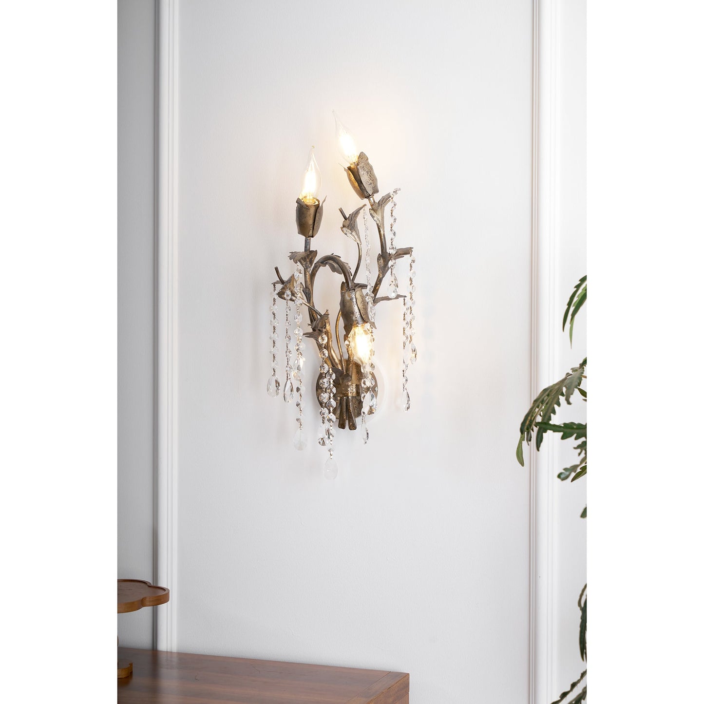 Viticcio Wall Lamp - Hand-Molded Floral Iron Wall Sconce | Silver Crystal Vine Accent Ligh