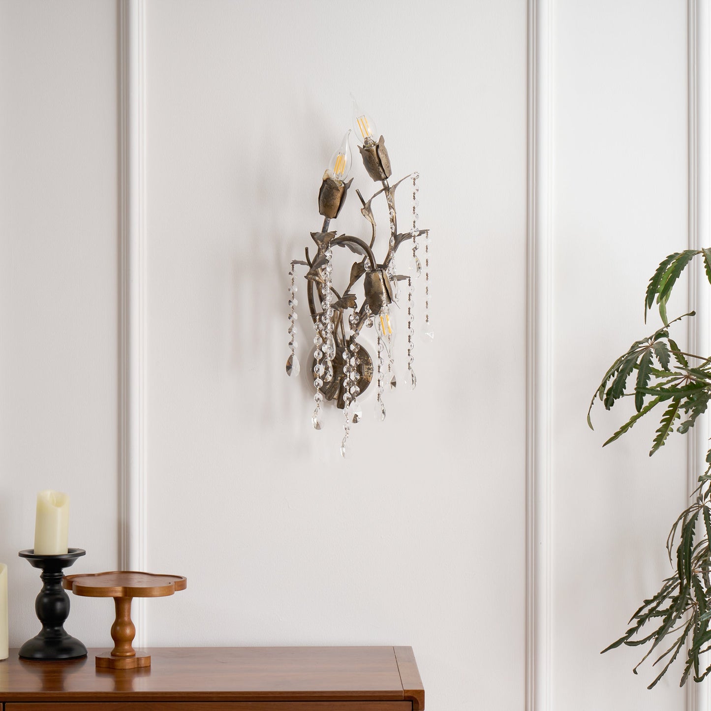 Viticcio Wall Lamp - Hand-Molded Floral Iron Wall Sconce | Silver Crystal Vine Accent Ligh