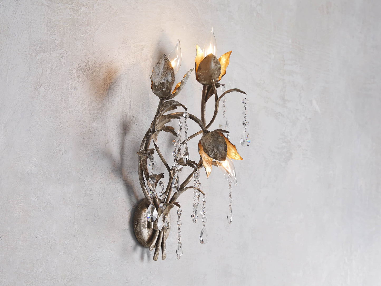 Viticcio Wall Lamp - Hand-Molded Floral Iron Wall Sconce | Silver Crystal Vine Accent Ligh