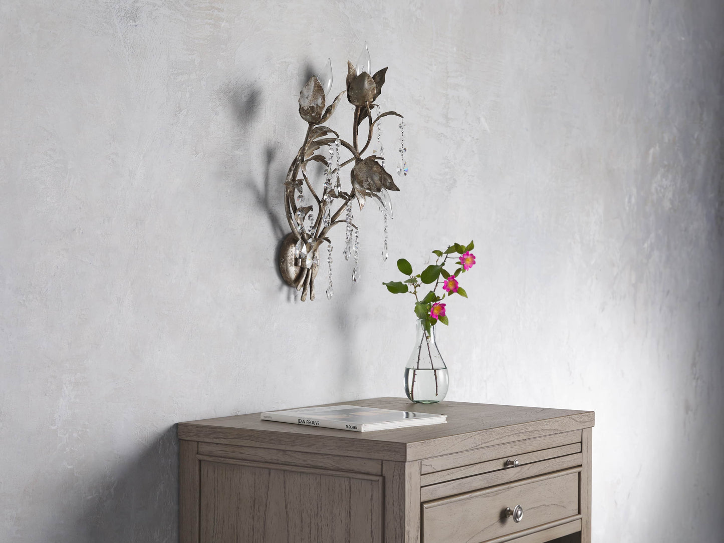 Viticcio Wall Lamp - Hand-Molded Floral Iron Wall Sconce | Silver Crystal Vine Accent Ligh