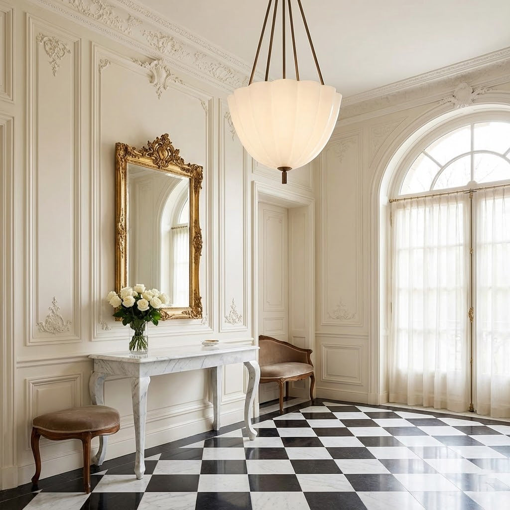 Volare Pendant Lamp - Scalloped Pressed Glass & Carved Brass Sconce | Austrian Secessionist Hanging Light