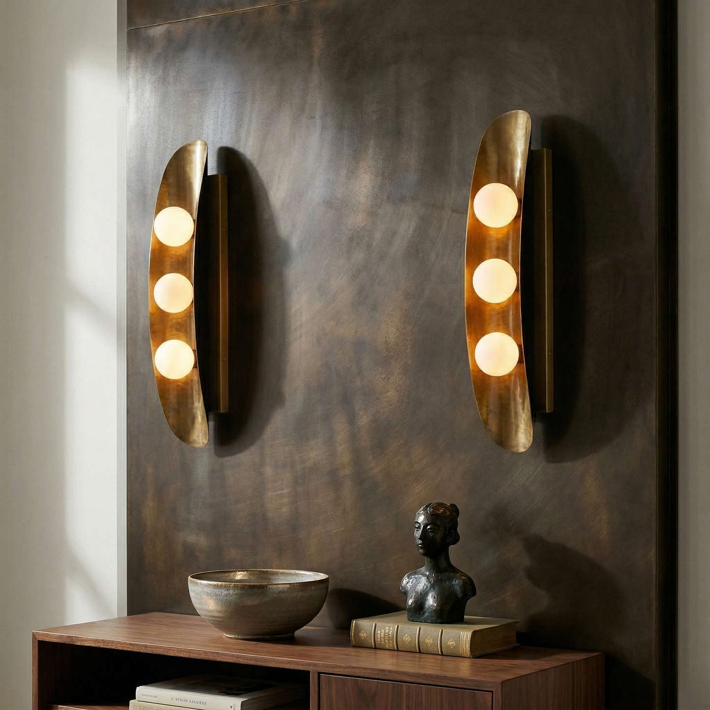 Hopper Wall Lamp - Mid-Century Brass & Opal Glass Sculptural Wall Sconce
